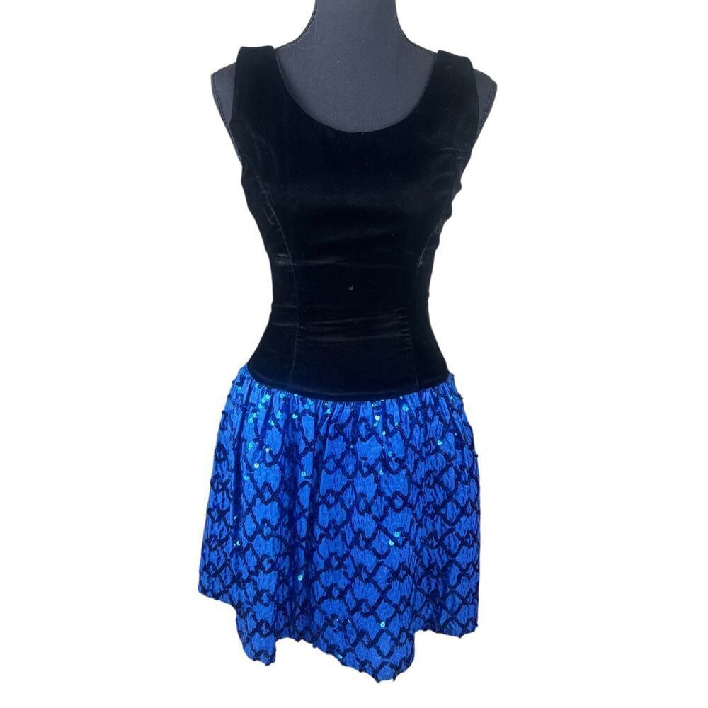 Jessica McClintock Gunne Sax 6 black velvet blue sequin 80’s prom mini dress USA